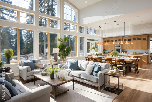 The new luxury home features a beautiful living room interior with an open concept floor plan, showcasing the kitchen, dining room, and a wall of windows with an amazing exterior,