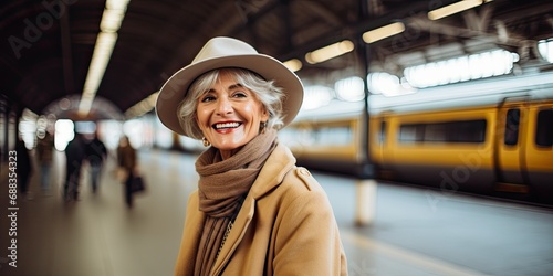Portrait of smiling mature woman before catching a train at the train station. Looking at the camera. .Travel photography. 