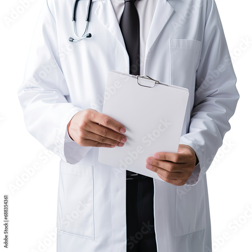 Medicine and healthcare concept, unknown doctor holding a clipboard paper, isolated on white background