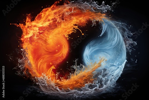 symbol tao concept yang yin water fire background circle energy isolated hot cold fireball flames yellow black traditional red blue orange design art element signs photo