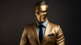 A businessman in a suit and a gold mask hides his face