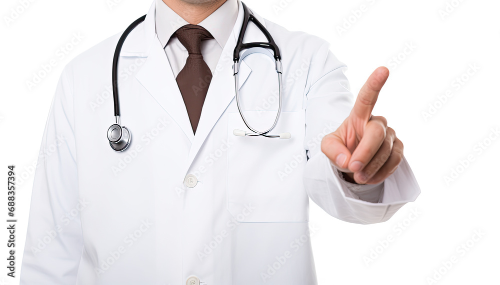doctor with stethoscope touching virtual interface with his finger, pointing something, isolated on transparent background doctor with stethoscope touching virtual interface with his finger, pointing something, isolated on transparent background