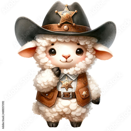 cute farm animal clipart - a fluffy white sheep dressed as a sheriff