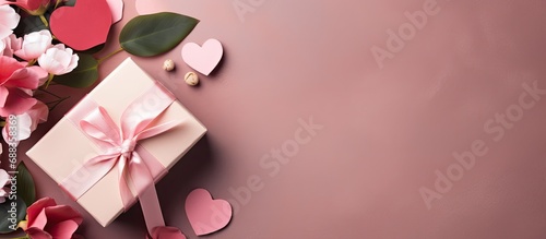 Top view of a Valentine's Day card with flowers and gift box, perfect for your greetings. © AkuAku