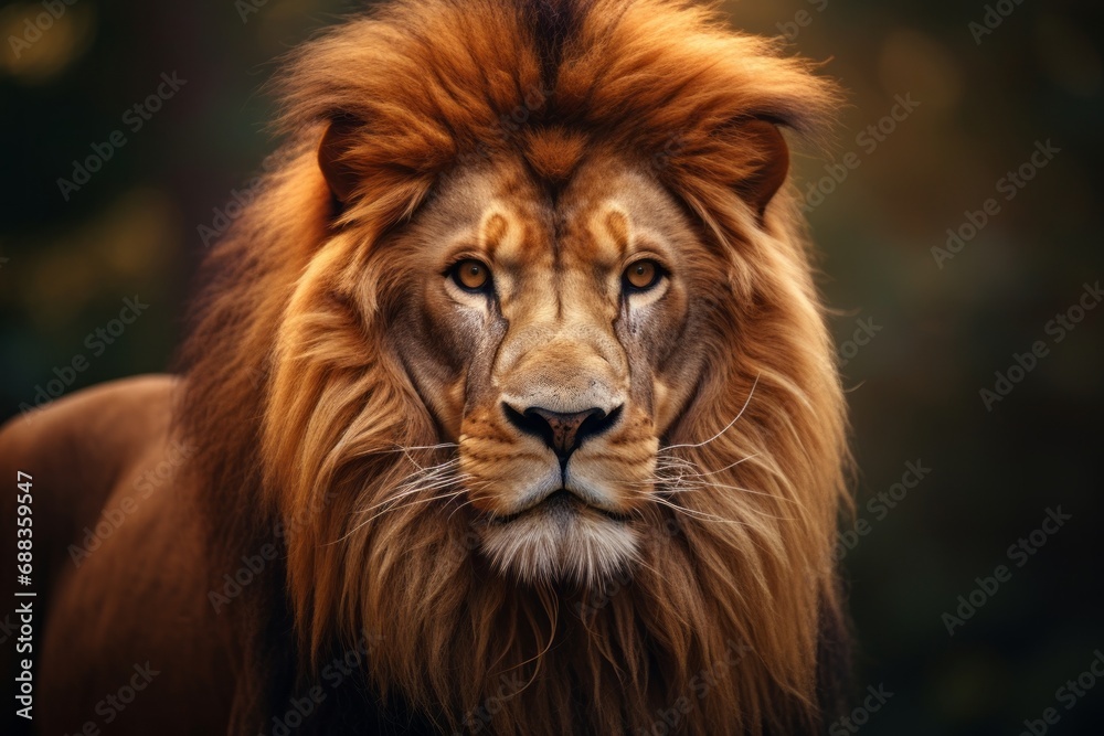 The King of the Jungle. Majestic Lion Close-Up with Serene Forest Backdrop