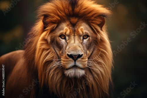 The King of the Jungle. Majestic Lion Close-Up with Serene Forest Backdrop © Professional Art