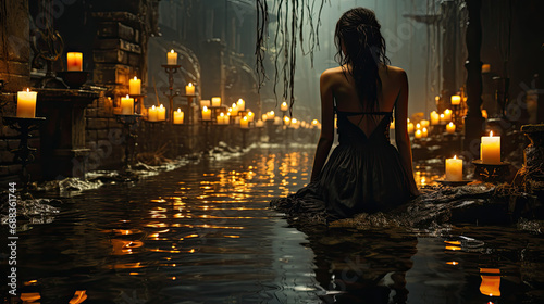 Woman in a dark pool surrunded by candles
