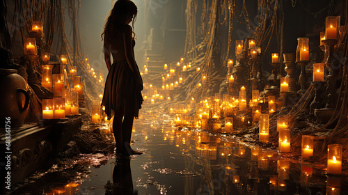 silhouette of a girl in a dark place with candles