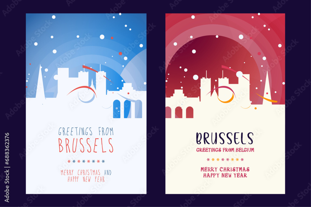 Brussels city poster with Christmas skyline, cityscape, landmarks. Winter Belgium megapolis town holiday, New Year vertical vector layout for brochure, website, flyer, leaflet, card