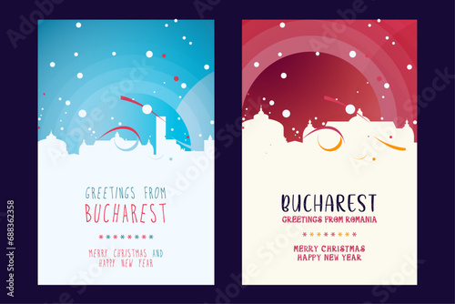 Bucharest city poster with Christmas skyline, cityscape, landmarks. Winter Romania megapolis town holiday, New Year vertical vector layout for brochure, website, flyer, leaflet, card