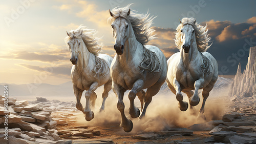 three unusual fairytale running horses, in a dynamic pose