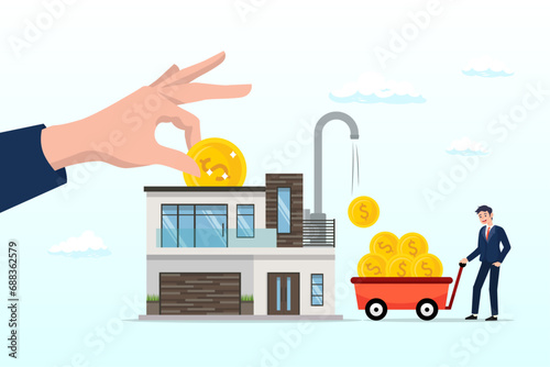 Businessman hand put coin with money return, property or real estate investment, buy a house for rental profit, ROI, return on investment or mortgage, house ownership or investing opportunity (Vector)