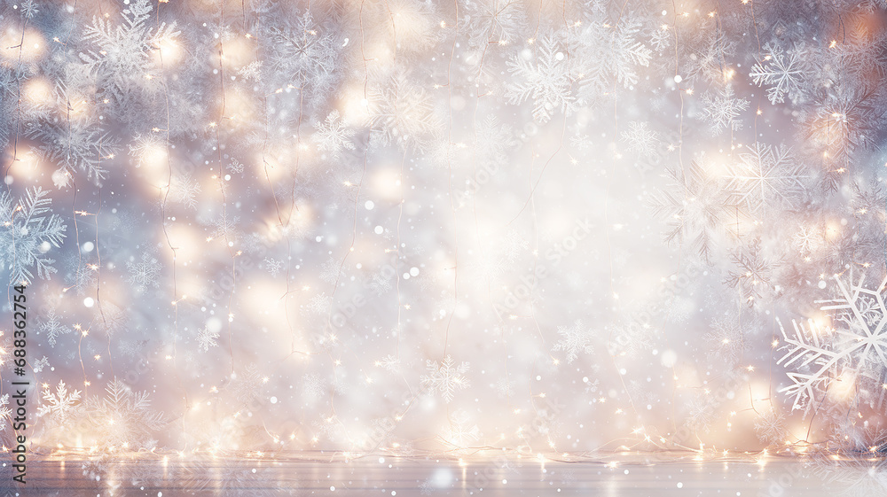 bright Christmas glowing festive winter background, small golden and white lights of garlands on the background of a blurred snowfall of snowflakes