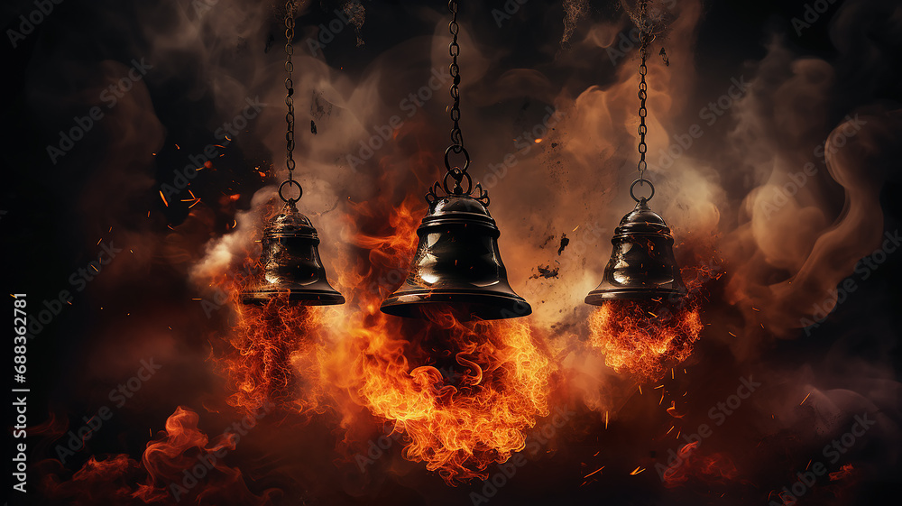 fire alarm, big bell on a black background in clouds of smoke and flames, fire alarm concept - obrazy, fototapety, plakaty 