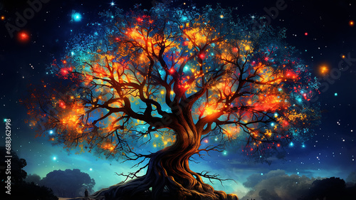 fairytale illustration of the tree of life of the universe, the image of a large old tree against the background of space and the dark sky among the stars and galaxies