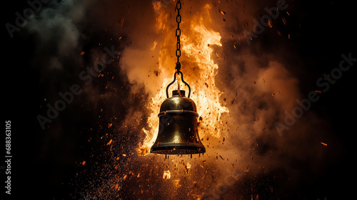 fire alarm, big bell on a black background in clouds of smoke and flames, fire alarm concept