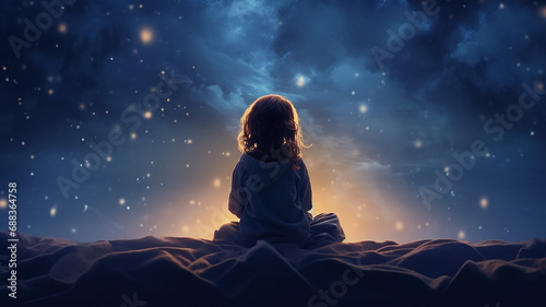 baby girl view from the back, sitting against the background of the night starry sky, dream, fantasy imagination bedtime story for daughter