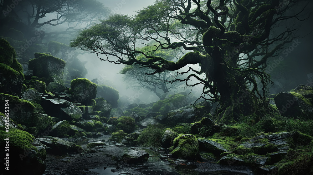 art misty green dense forest, a gloomy dream in the wild thicket of the forest art misty green dense forest, a gloomy dream in the wild thicket of the forest