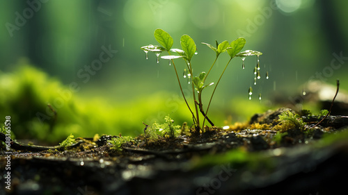 green forest, dew drops and wet rain on young leaves and shoots in the depths of the green forest of the wild