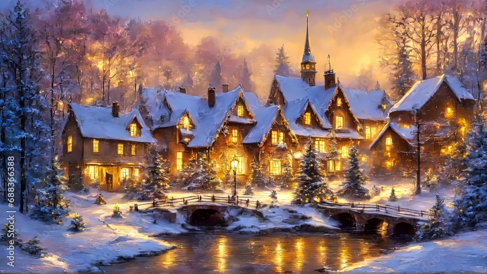 Winter Town in Snow by the River