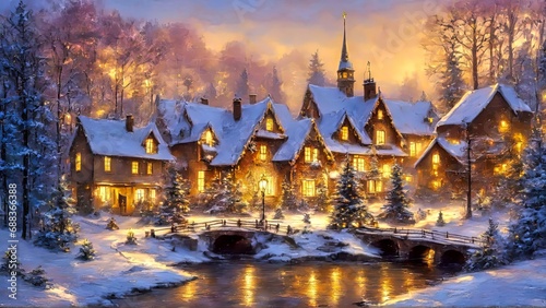 Winter Town in Snow by the River