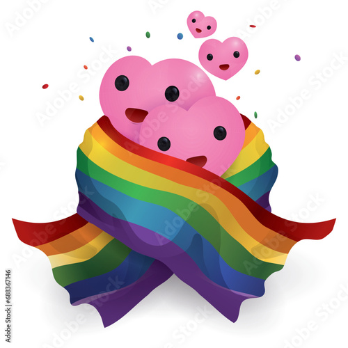 Cute hearts covered with rainbow flag and some confetti, Vector illustration
