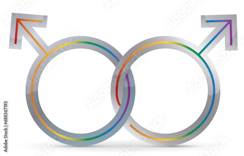 Two male symbols intertwined with rainbow flag colors, Vector illustration.