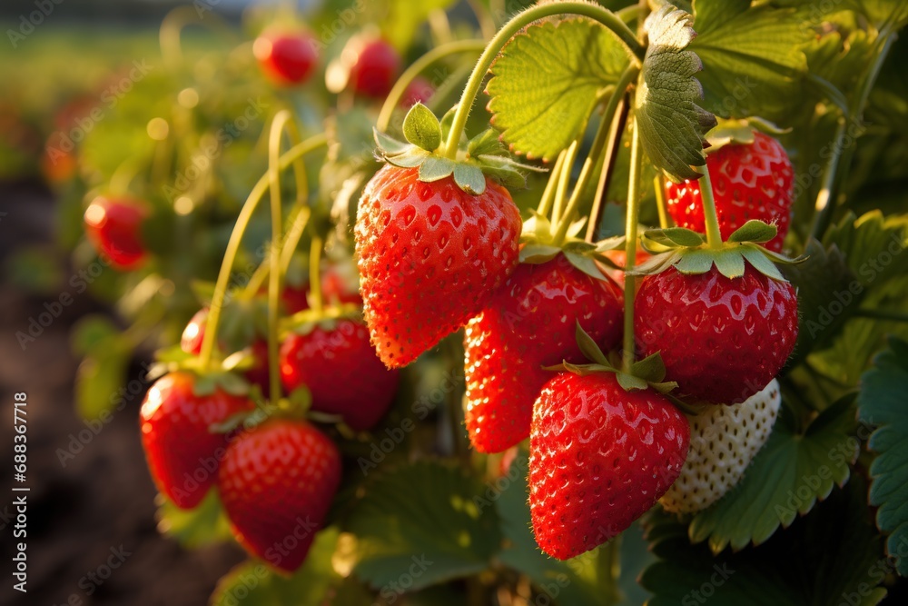 close up of strawberries in a farm sunset close up of strawberries in a farm sunset