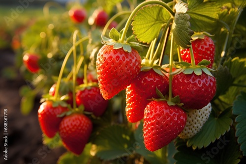 close up of strawberries in a farm sunset