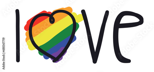 Love word with heart doodle on rainbow background, Vector illustration