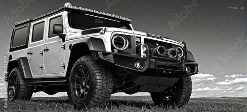 car drawn with line, black and white