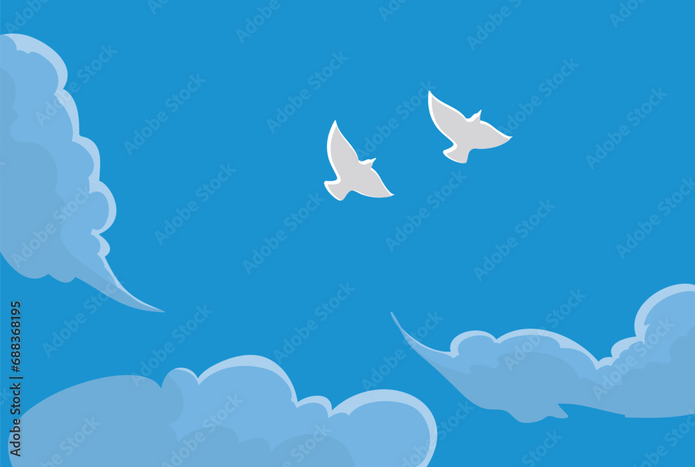 Peaceful blue sky with some clouds and white doves, Vector illustration Peaceful blue sky with some clouds and white doves, Vector illustration