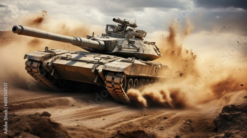 A powerful military tank rides at high speed along photo