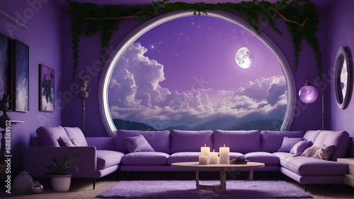 animated virtual backgrounds, stream overlay loop, cozy lo-fi living room. Cloudscape moonlight night at round window. vtuber asset twitch zoom OBS screen, anime chill hip hop.