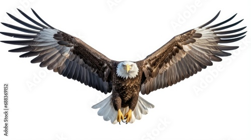A spread-wing bald eagle soars in the sky. Isolated photo