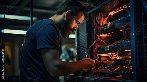 An adult technician working indoors on network server © lara