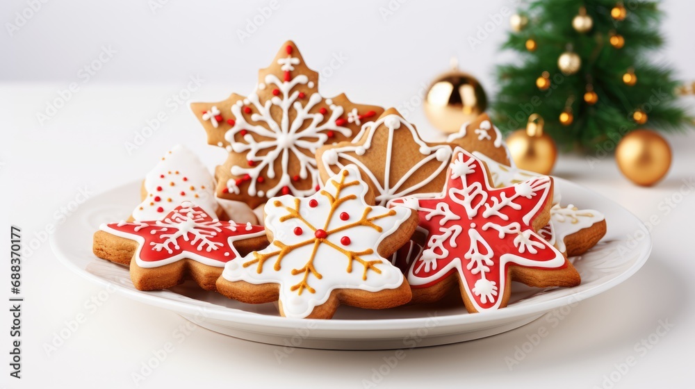 Homemade Christmas gingerbread cookies decorated with sweet sugar icing served on plate on white wooden background