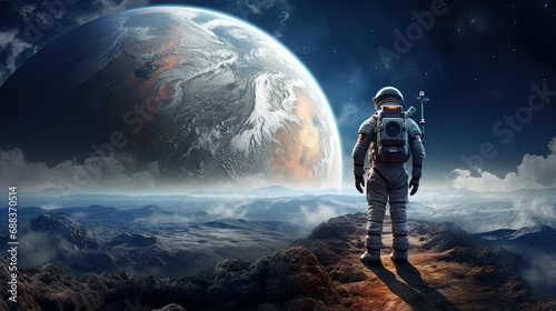 Astronaut standing on the moon looking towards