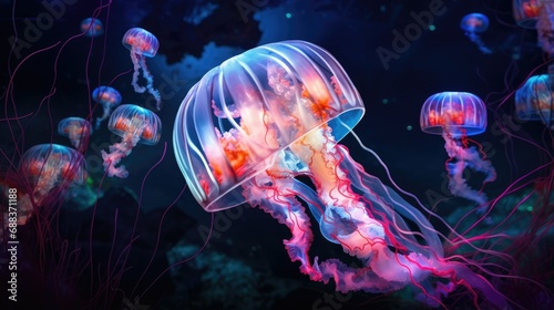 Beautiful jellyfish medusa in neon light with fish.