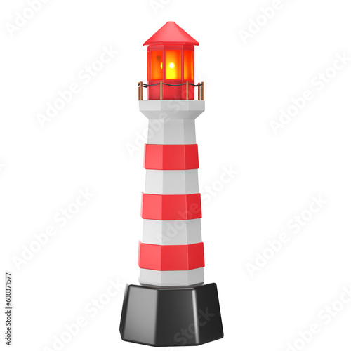 3d red striped lighthouse isolated on transparent png files.