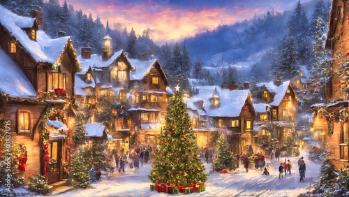 Holiday Town in Snowy Mountains with Trees, Presents & Town Folk