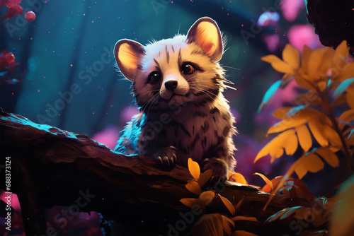 painting style landscape background, a ferret in the forest photo