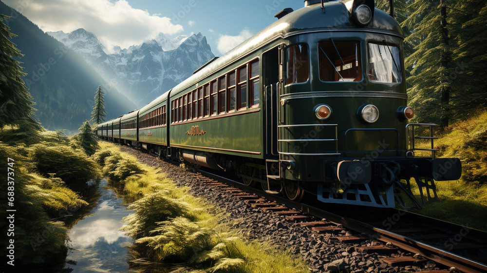 A Scenic Train Journey Through Snow Mountainous Terrain Background