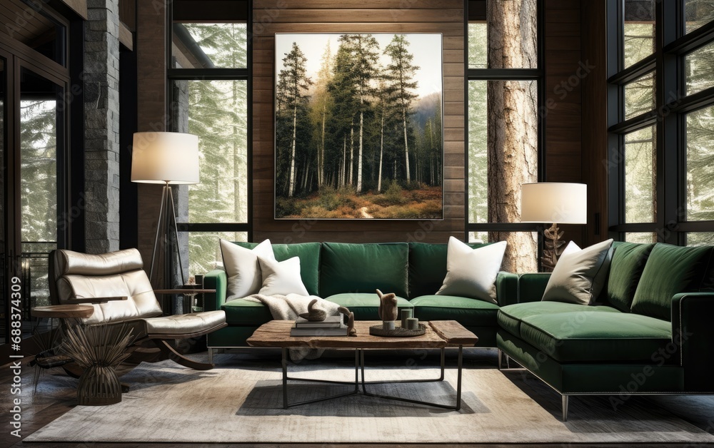 Modern living room in the style of atmospheric woodland imagery