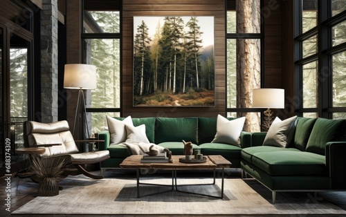 Modern living room in the style of atmospheric woodland imagery