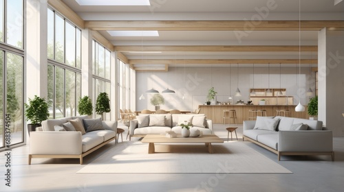 Clean interior open space with furniture and daylight.