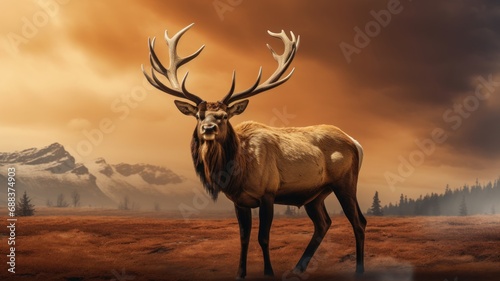 landscape with lake and mountains with elk background. © Cat back G