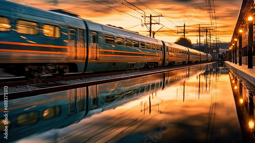 Mesmerizing High Speed Train Travel Trough Forest at Sunset With Motion Blur and Reflection Blurry Background