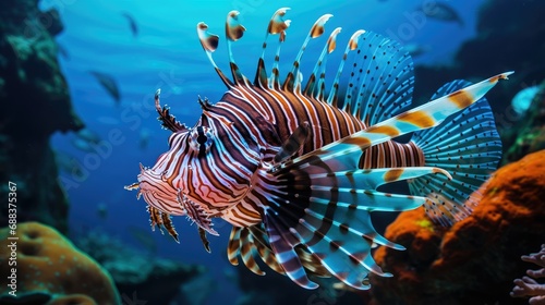 Closeup view of lionfish in blue water