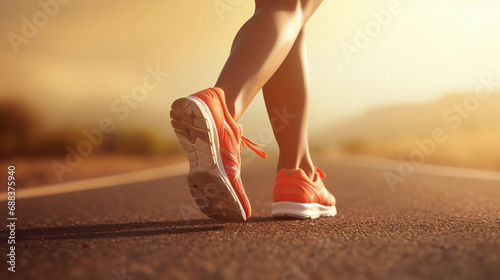 Athlete runner feet running on road, Jogging concept at outdoors.
